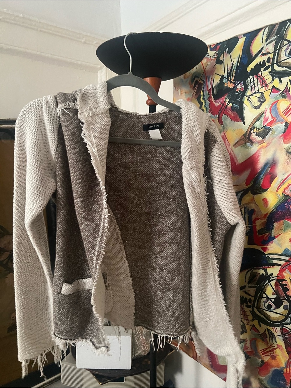 DREW Two-Tone Knit Open-Front Hooded Cardigan - Beige & Brown